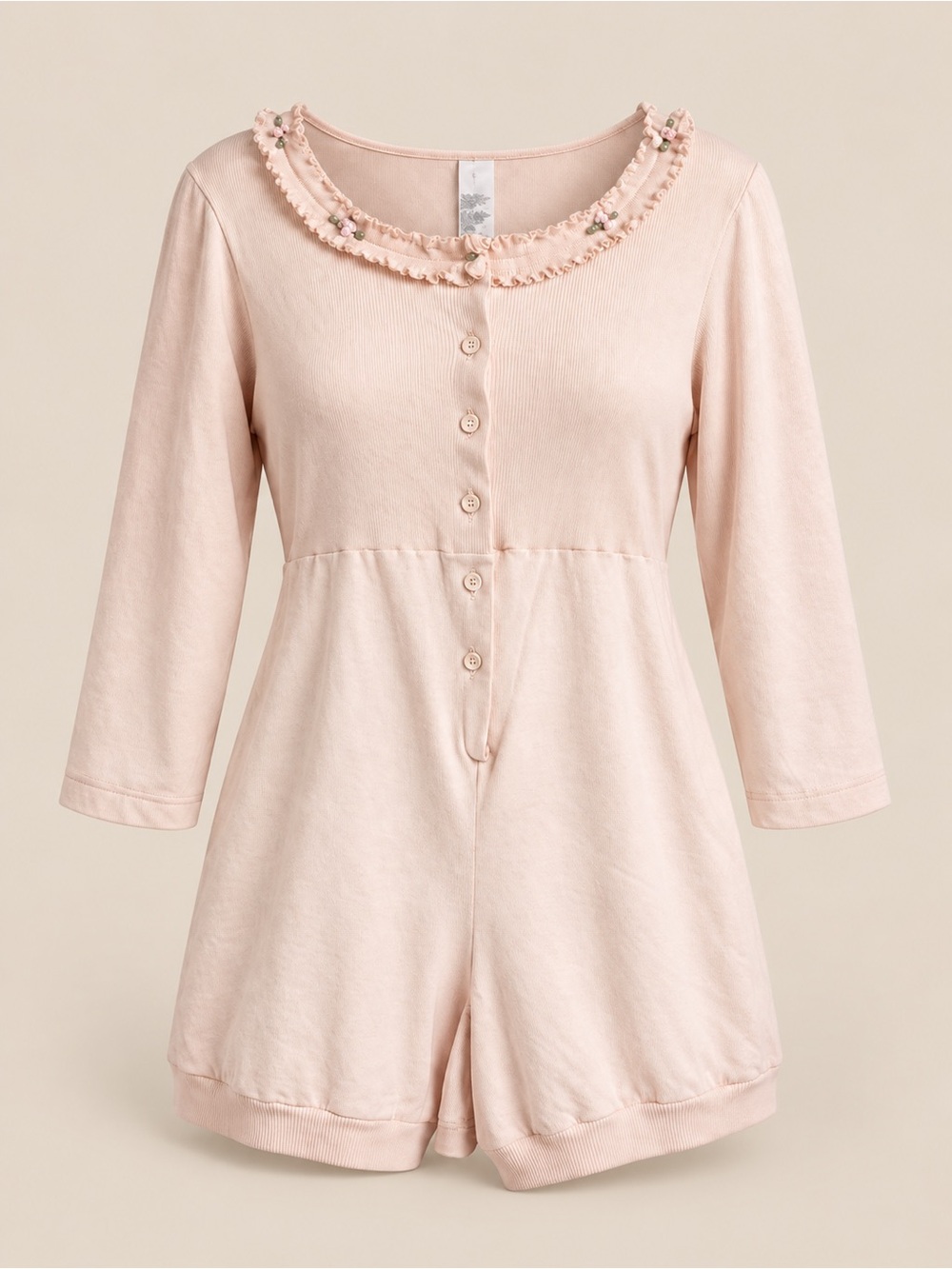 Blush Pink Coquette Rosette Ruffle Henley Lounge Romper Size M